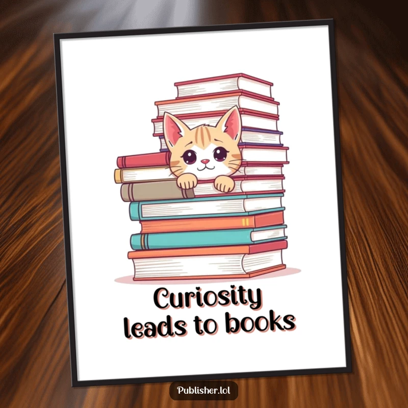 Funny Free Printable Wall Art: Curious cat peeking from behind a giant stack of books, with a playful expression.