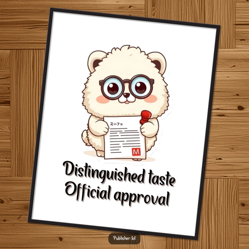 Funny Free Printable Wall Art: Fluffy animal wearing a monocle, approvingly stamping a document, embodying dapper charm and humorous sophistication.