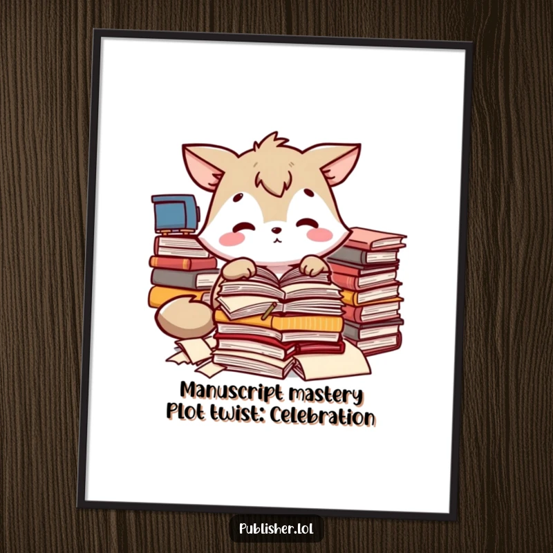 Funny Free Printable Wall Art: An animal character intently sorting through a pile of manuscripts, showcasing dedication, downloadable art.