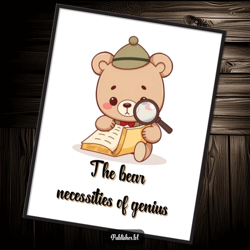 Funny Free Printable Wall Art showing a small bear wearing a tiny hat, focused on a manuscript through a magnifying glass.