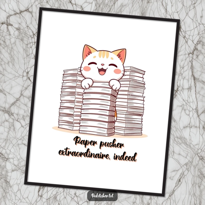 Funny Free Printable Wall Art depicting a kawaii cat gleefully making massive stacks of paper with a wide, playful grin.