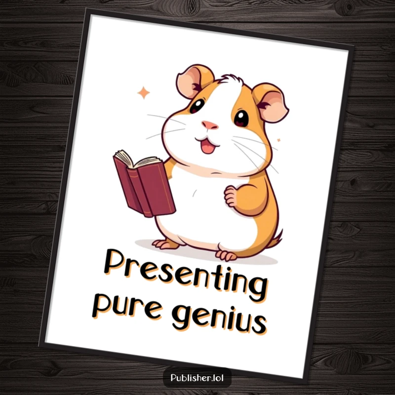 Funny Free Printable Wall Art: Proud guinea pig holding up a completed novel with a flourish, looking very pleased.