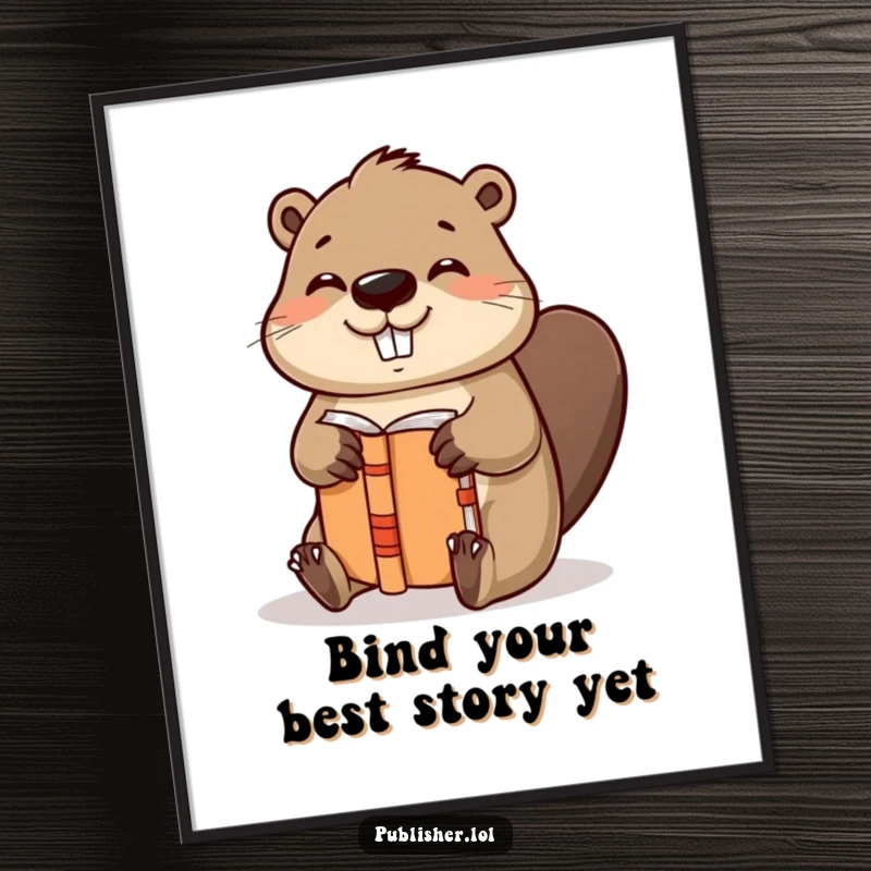 Funny Free Printable Wall Art of a helpful beaver character binding a book with gusto and a satisfied nod.