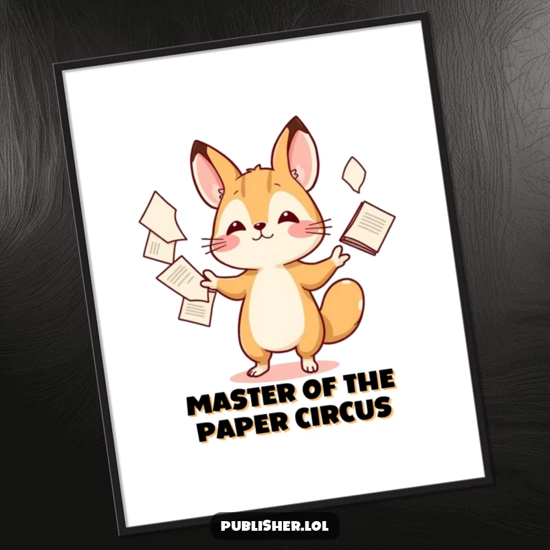 Funny Free Printable Wall Art depicting a tiny animal character juggling many papers with an expression of playful, energetic dexterity.