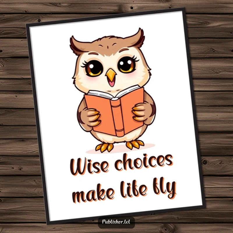 Funny Free Printable Wall Art: Cheerful owl with wide eyes, enthusiastically reviewing and approving a book cover design.