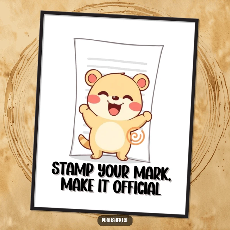 Funny Free Printable Wall Art: Cute animal character enthusiastically stamping a large document with a wide grin, adding official whimsy.