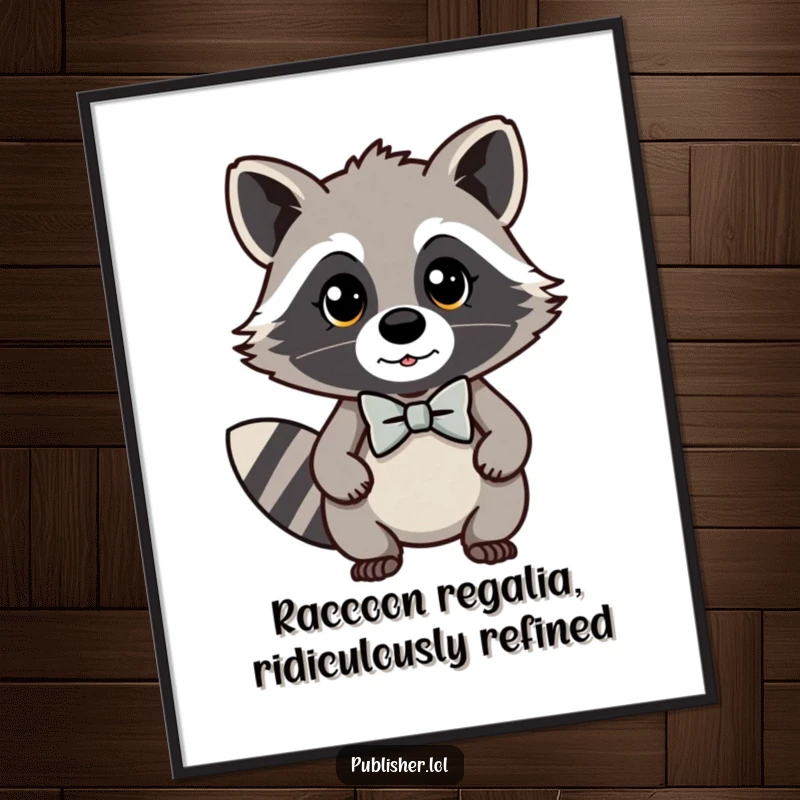Funny Free Printable Wall Art: A sophisticated kawaii raccoon wearing a bow tie, exuding importance for stylish decor.