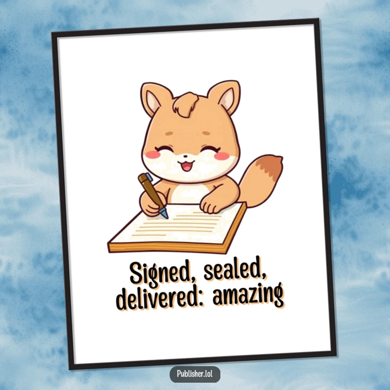 Funny Free Printable Wall Art: A friendly animal character wields a pen, signing a document with an elegant flourish.