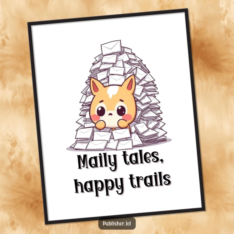 Funny Free Printable Wall Art: Animal cartoon character with wide eyes, surprised by a huge stack of mail.