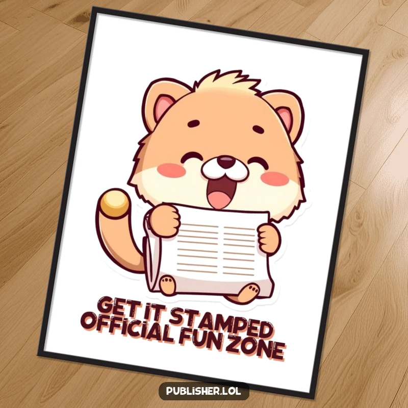 Funny Free Printable Wall Art: A fuzzy animal stamping a document with great enthusiasm, celebrating official approval, downloadable art.