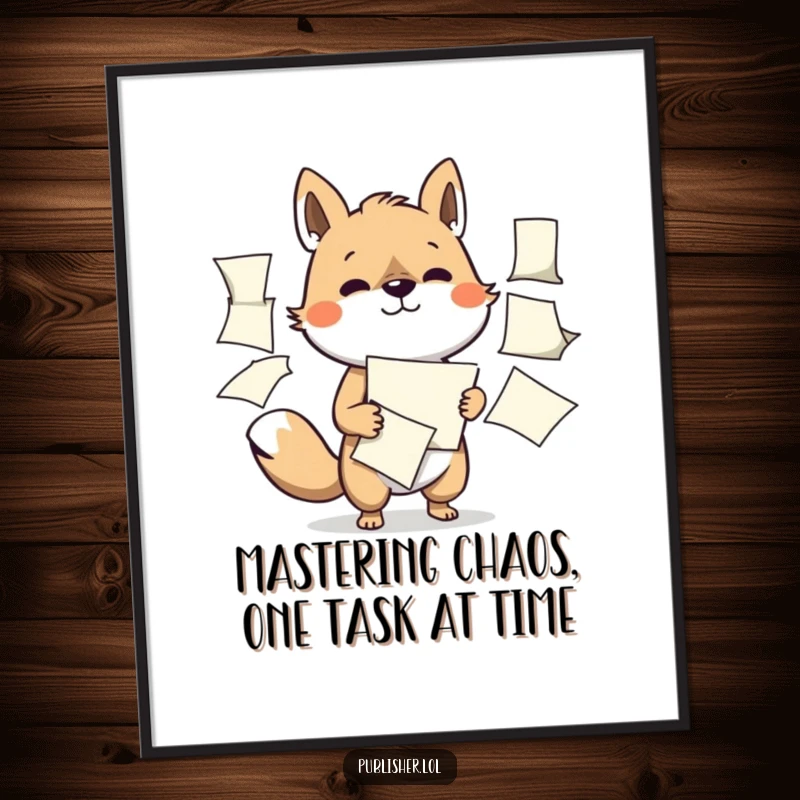 Free Printable Wall Art: A determined animal skillfully manages a whirlwind of flapping papers, a funny office or home statement.