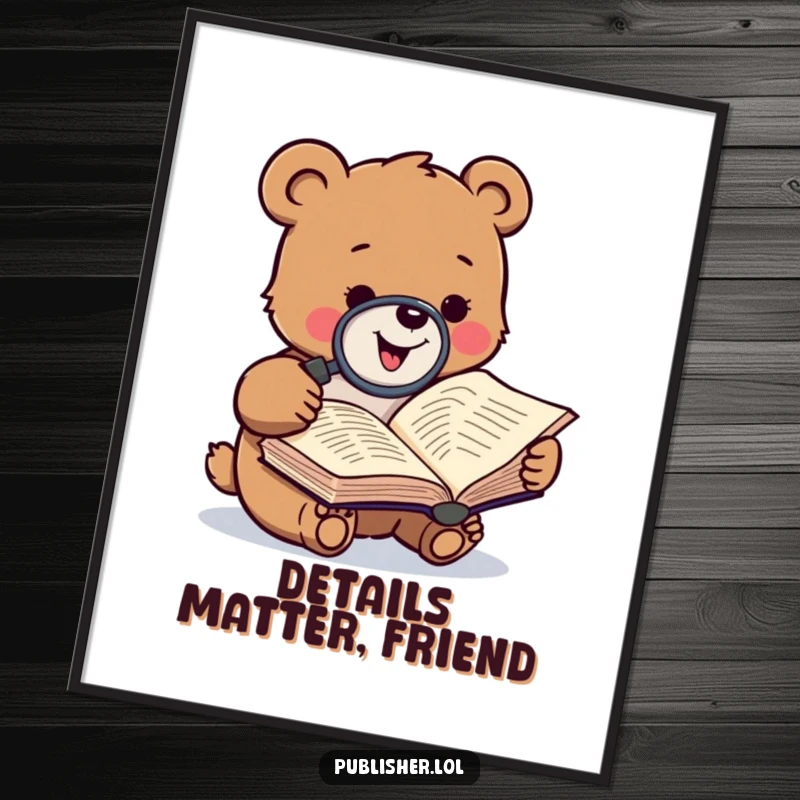 Free Printable Wall Art: A small bear with a magnifying glass gleefully examining a manuscript, adding a humorous, thoughtful touch.