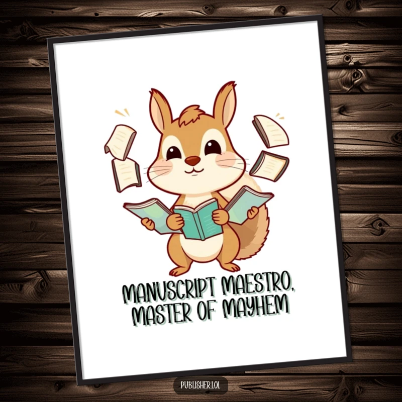 Funny Free Printable Wall Art: A determined squirrel comically juggling a huge pile of manuscripts, perfect for office or study decor.