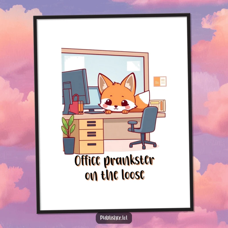Funny Free Printable Fox Office Wall Art: Curious fox peeking from a bustling desk, bringing humor to any room.