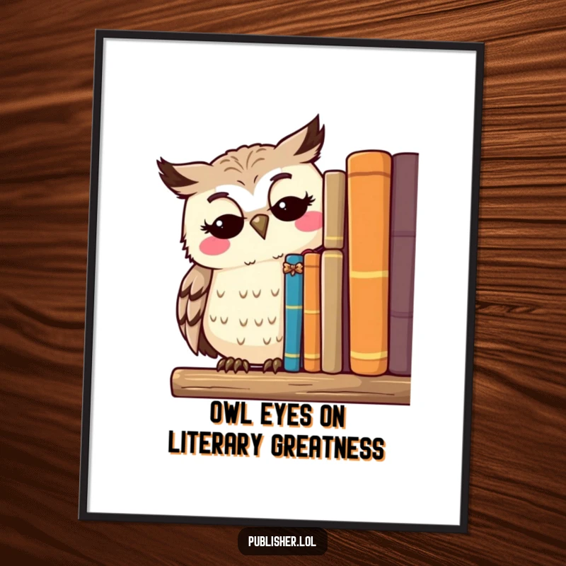 Funny Free Printable Wall Art of a thoughtful owl character surveying a shelf filled with published works with a serene smile.