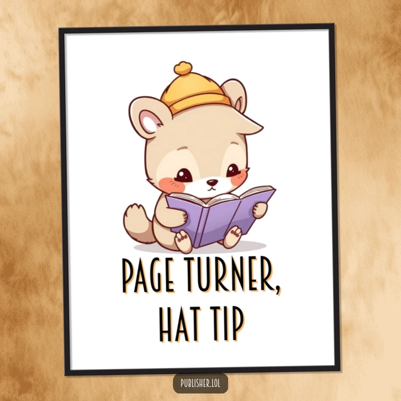 Free Printable Wall Art of a whimsical animal character in a tiny hat, closely inspecting a page with an inquisitive and adorable expression.