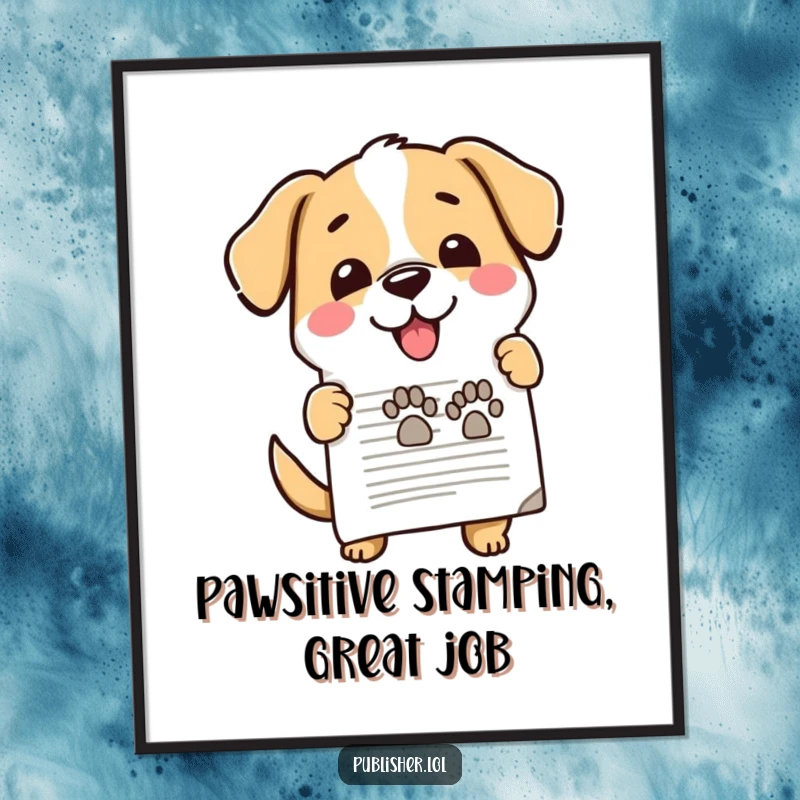 Funny free printable wall art of a happy dog character enthusiastically stamping a document with a joyful paw print.