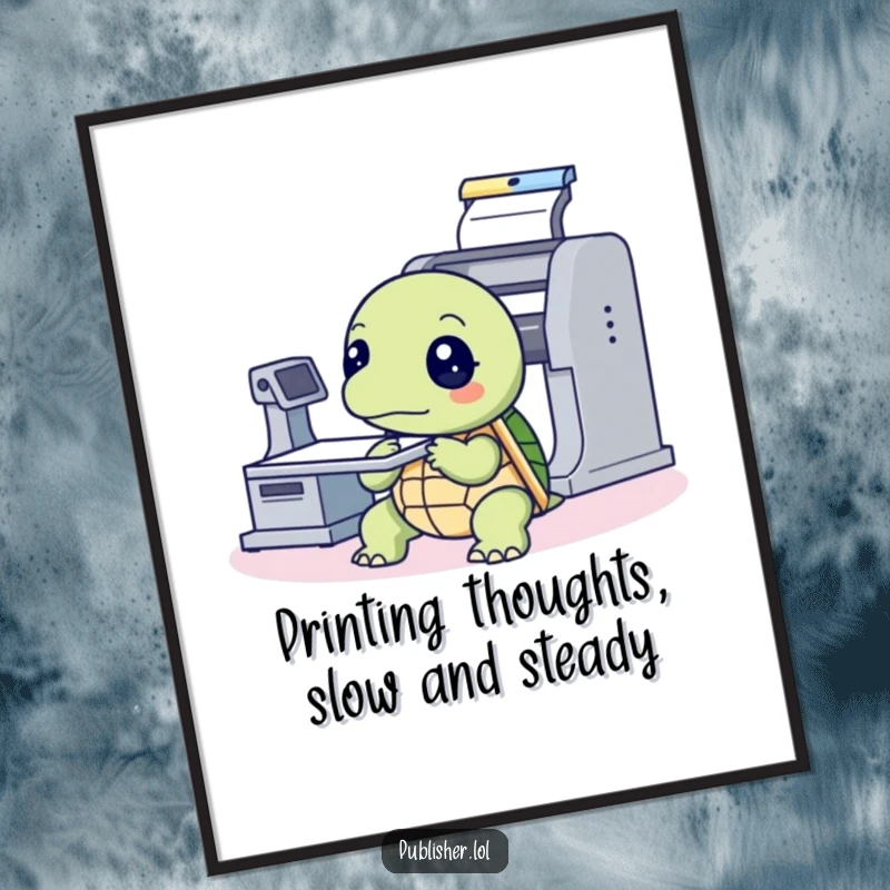 Thoughtful Free Printable Turtle Wall Art: Turtle observing a printing press machine, inspiring contemplation and creativity.