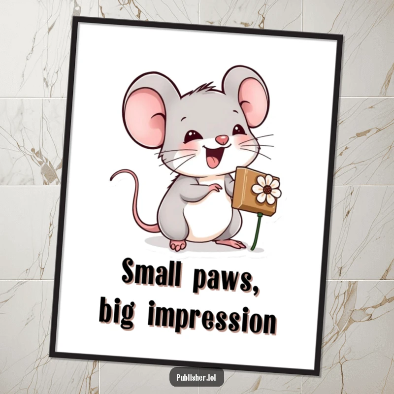 Funny Free Printable wall art: An excited mouse character is seen using a stamp shaped like a tiny flower.