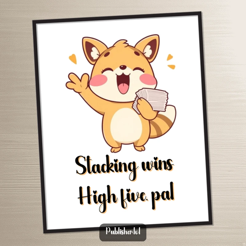 Funny Free Printable Wall Art: A playful animal cheering with a stack of papers, radiating pure joy, downloadable art.