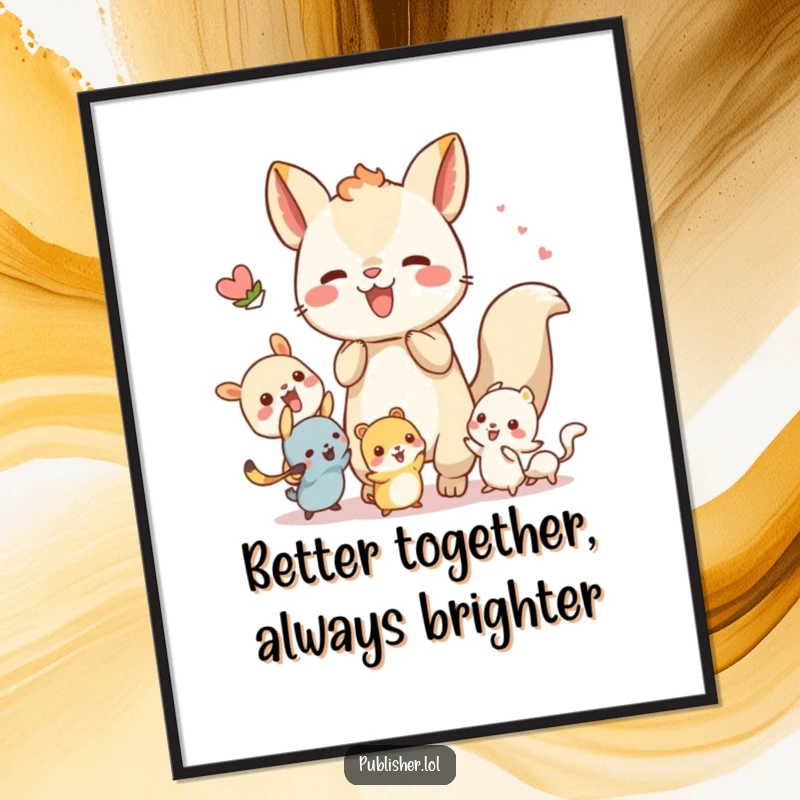 Free Printable Wall Art: A whimsical animal energetically collaborates with tiny creatures, creating a scene of cheerful teamwork.