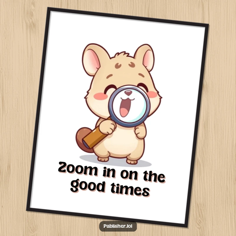Funny Free Printable Wall Art: An animal character excitedly examining something with a magnifying glass, highlighting curious discovery, downloadable art.