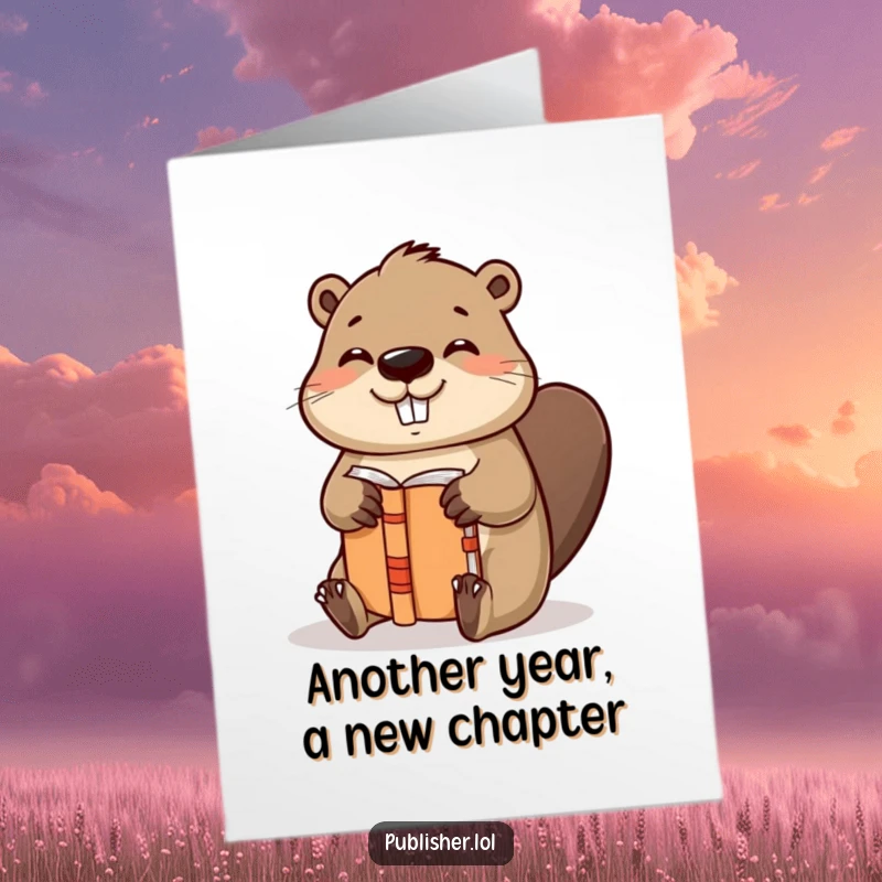 Funny Free Printable Birthday Card of a helpful beaver character binding a book with gusto and a satisfied nod.