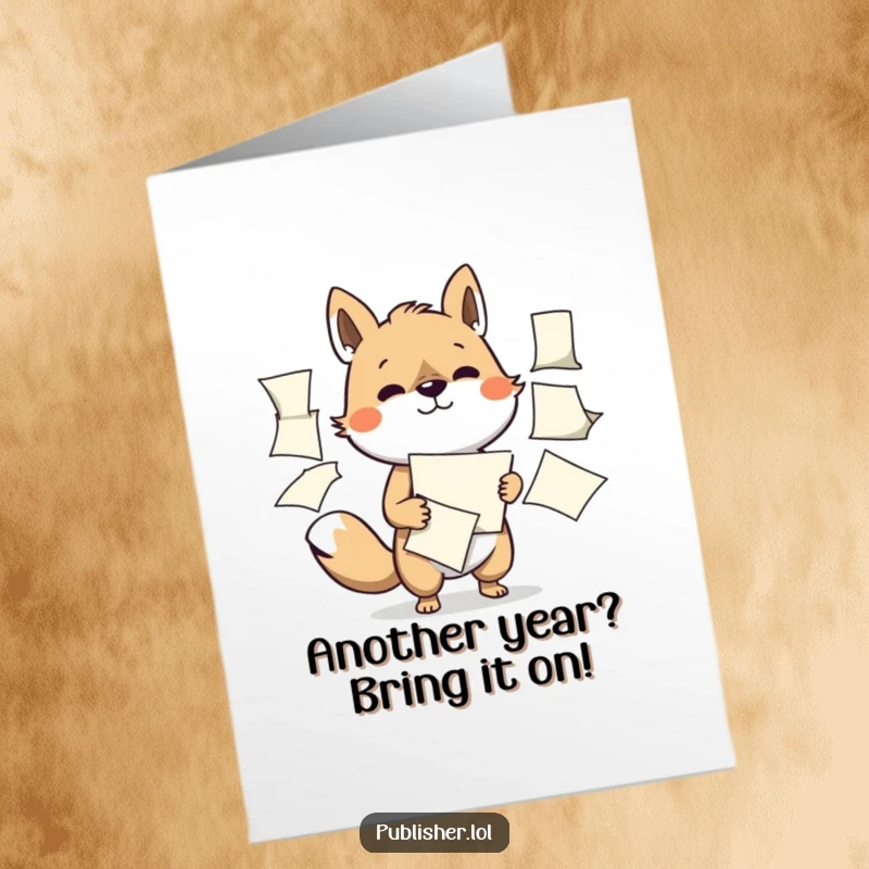 Funny Free Printable Birthday Card: A determined animal struggles with many flapping papers, a relatable birthday vibe.