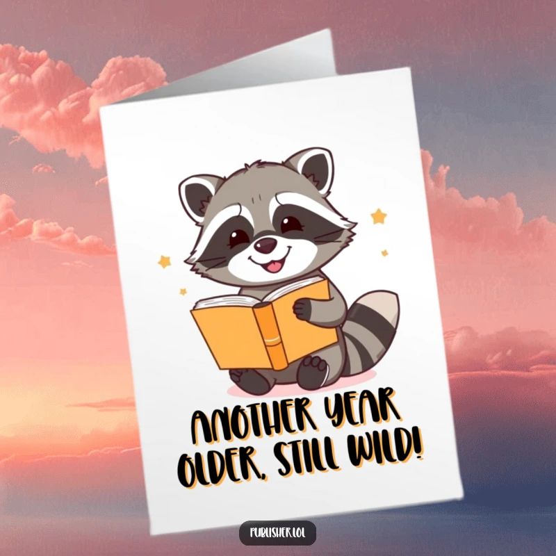 Funny Free Printable Birthday Card: A happy raccoon enthusiastically binds a story collection, perfect for book lovers.