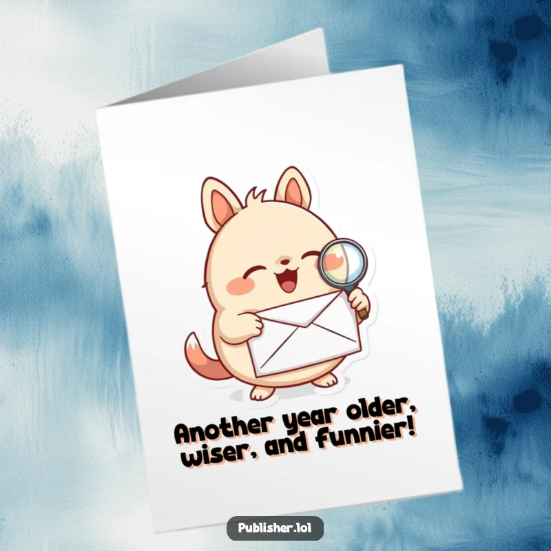 Funny Free Printable Birthday Card: A curious round animal uses a magnifying glass to inspect a birthday letter with glee.