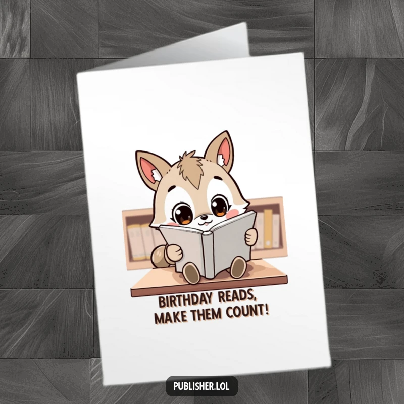 Funny Free Printable Birthday Card: Kawaii animal character intensely reviewing a manuscript with wide, focused eyes, giving birthday approval.
