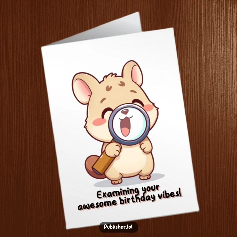 Funny Free Printable Birthday Card: Animal character using a magnifying glass, inspecting details with excitement, perfect for a funny gift.