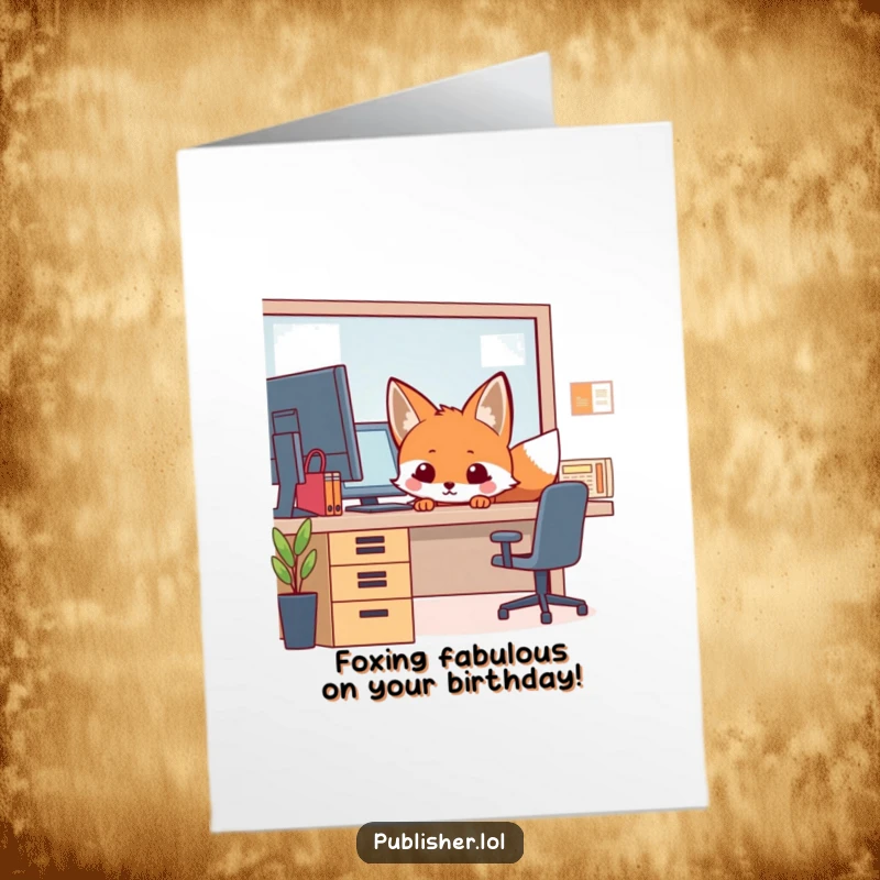 Funny Free Printable Fox Birthday Card: Curious fox peeking from behind a busy office desk, perfect for a laugh.