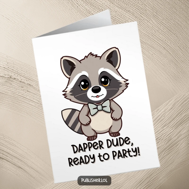 Free Printable Birthday Card: Cute kawaii raccoon wearing a bow tie and looking very important, ready to celebrate.