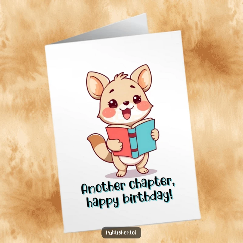 Free Printable Birthday Card featuring an adorable animal character proudly presenting a finished book with an excited flourish, ready to celebrate.