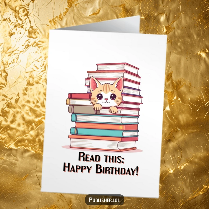 Funny Free Printable Birthday Card: Curious cat peeking from behind a giant stack of colorful books, looking inquisitive.