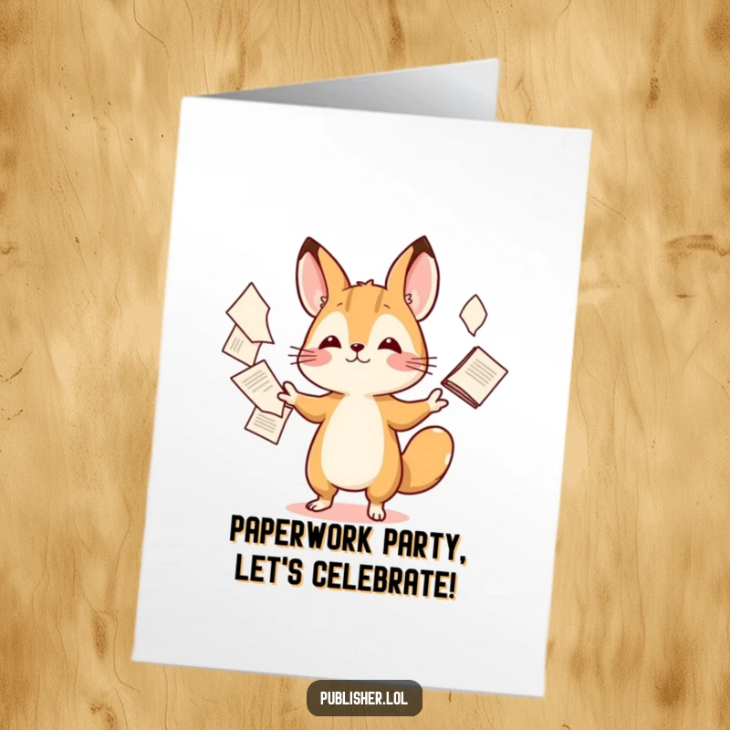 Funny Free Printable Birthday Card featuring a tiny animal character expertly juggling stacks of papers with playful, dexterous movements.