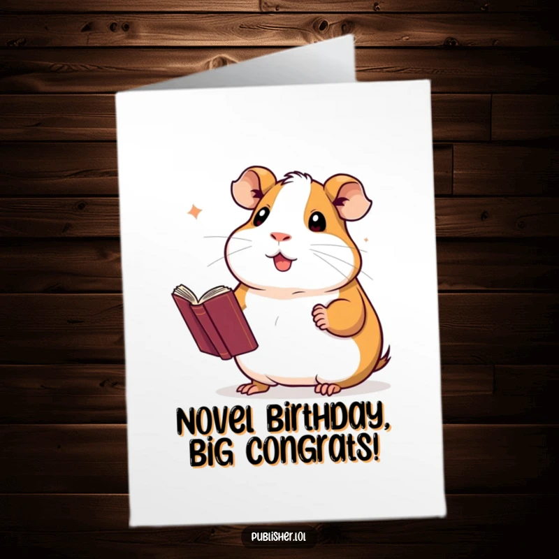 Funny Free Printable Birthday Card: Proud guinea pig holding up a finished novel with a flourish, looking accomplished.