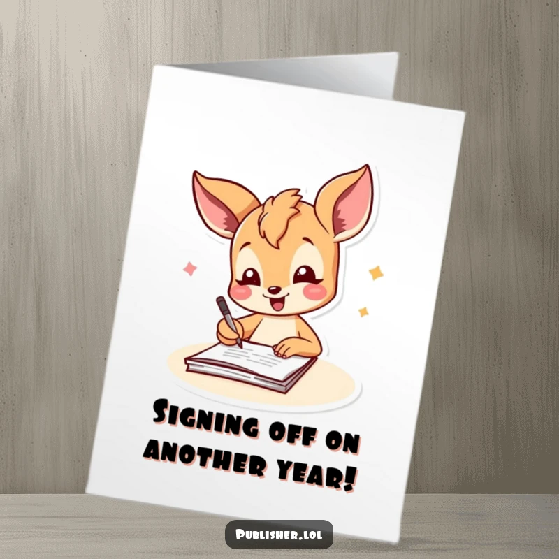 Free Printable Birthday Card: A joyful fawn exuberantly signing a document with a cheerful flourish, celebrating a birthday.