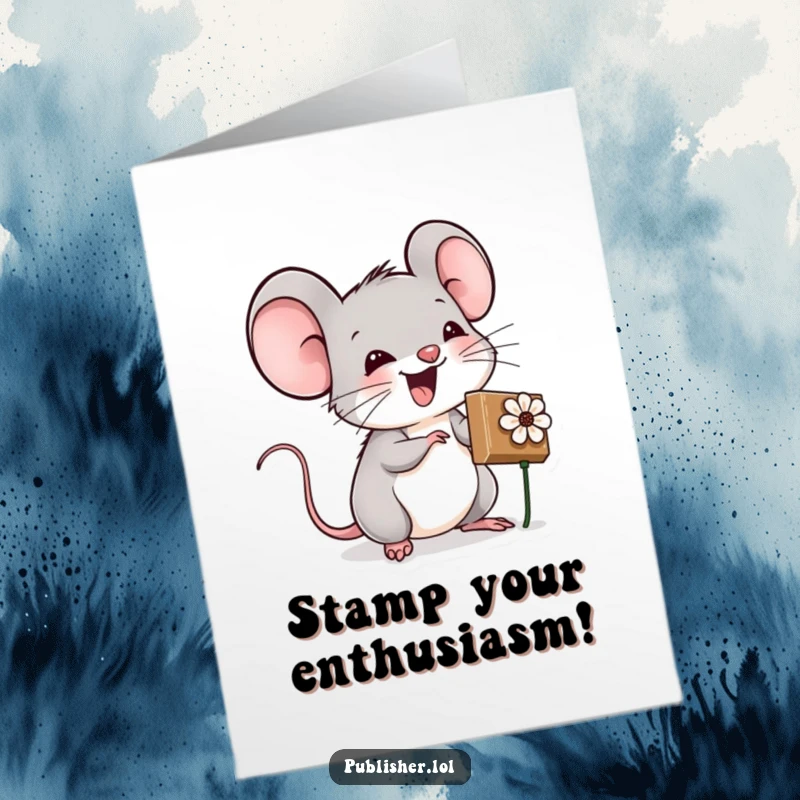 Funny Free Printable birthday card: A mouse excitedly uses a flower-shaped stamp with glee.