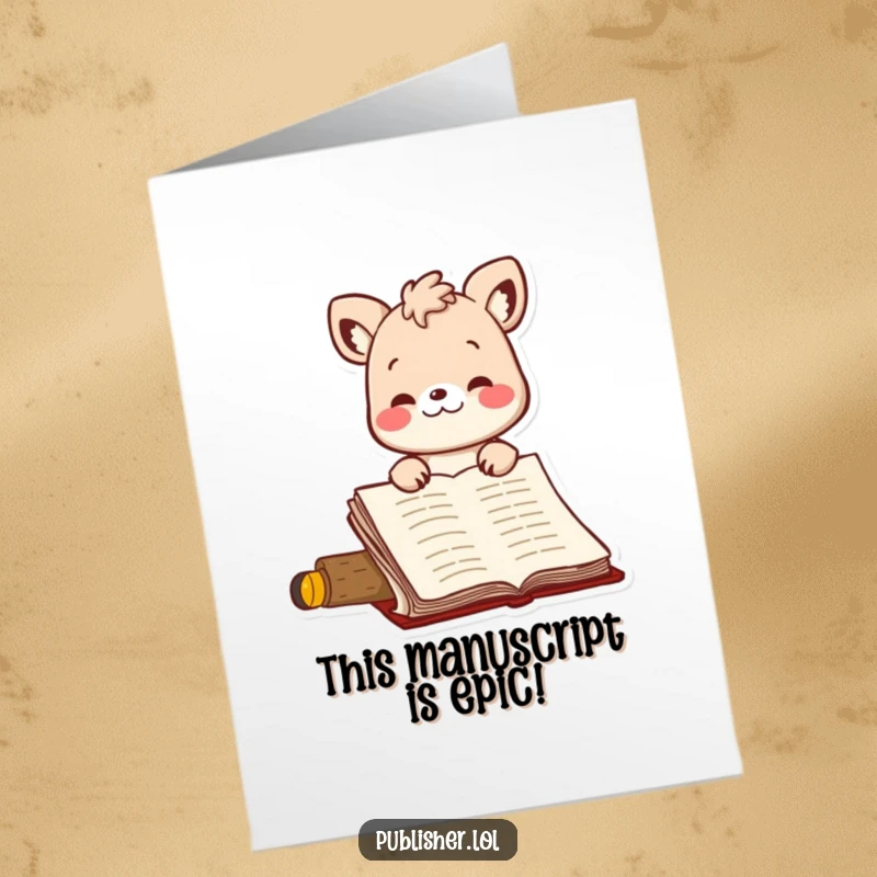 Funny Free Printable Birthday Card: Bouncing animal character nodding in approval at a written manuscript.