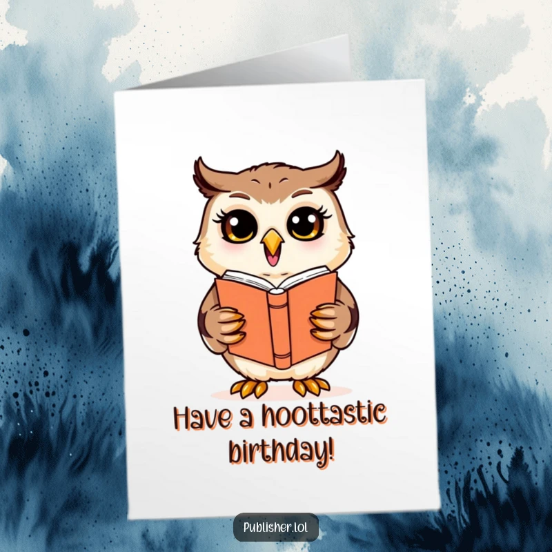 Funny Free Printable Birthday Card: Cheerful owl excitedly reviewing a book cover design, celebrating a birthday with artistic flair.