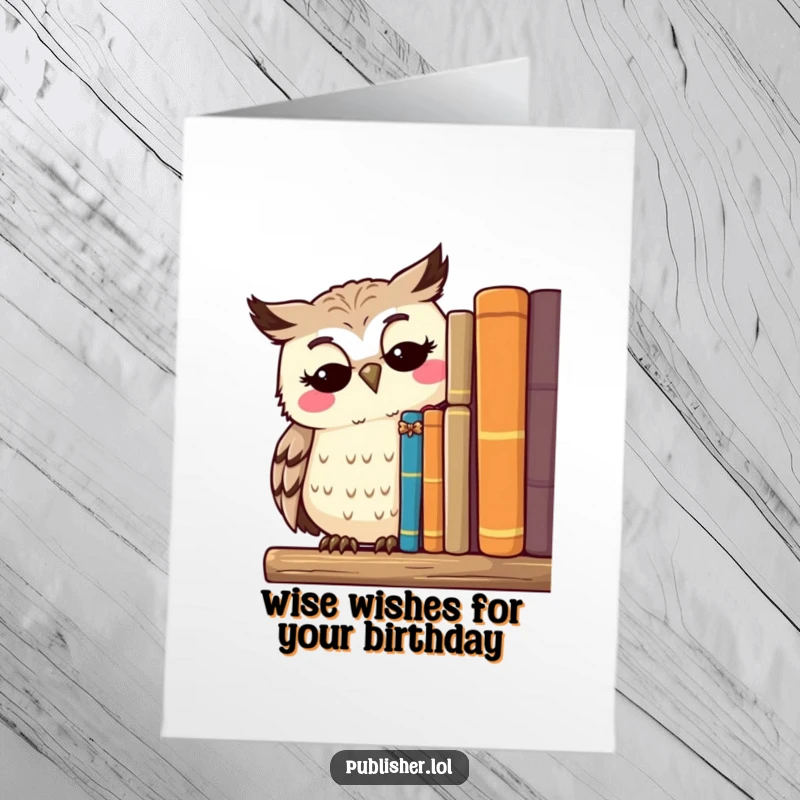Funny Free Printable Birthday Card of a thoughtful owl character surveying a shelf of published works with a serene smile.