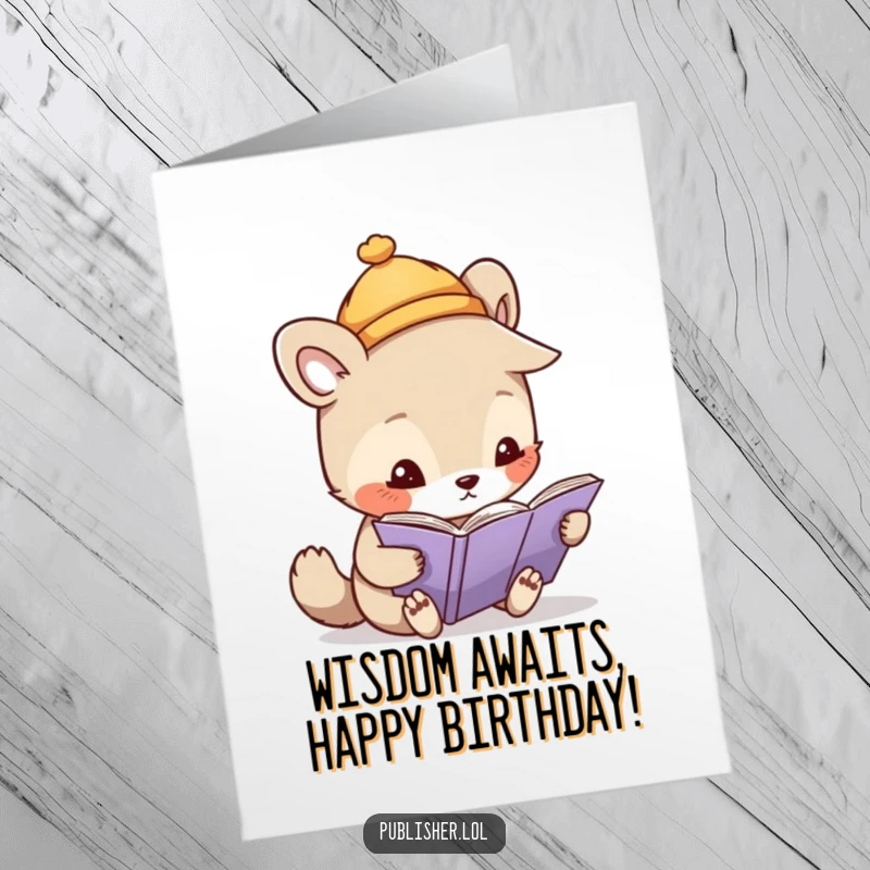 Free Printable Birthday Card showcasing a whimsical animal character wearing a tiny hat, intently inspecting a page with focused curiosity.