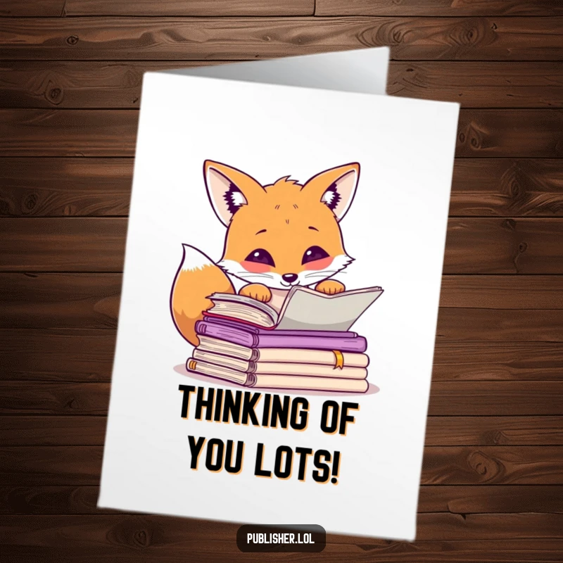 Funny free printable birthday card of a curious fox peeking over manuscripts, one paw raised thoughtfully.