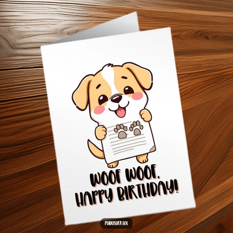 Funny free printable birthday card featuring a happy dog character enthusiastically stamping a document with a joyful paw mark.