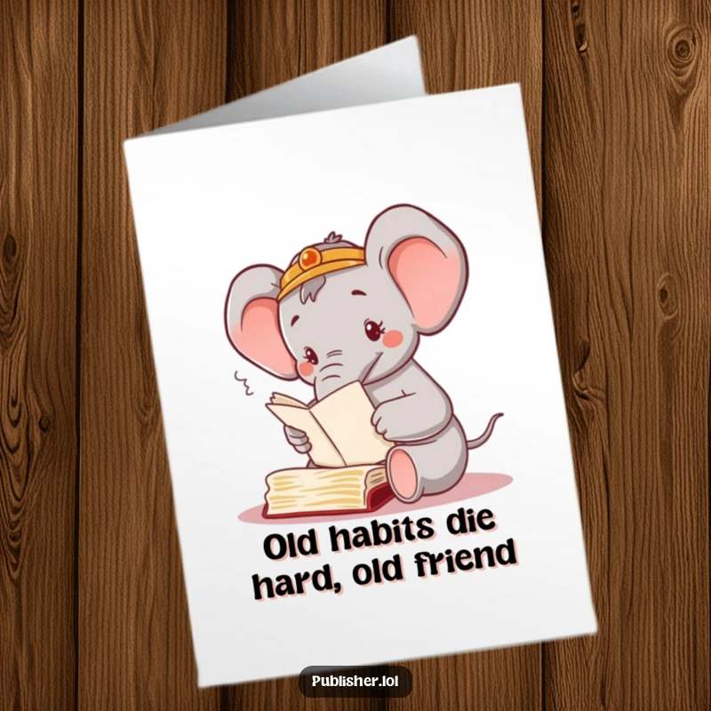 Funny Free Printable Birthday Card: Busy elephant happily sorts manuscripts with its trunk, a relatable sigh.