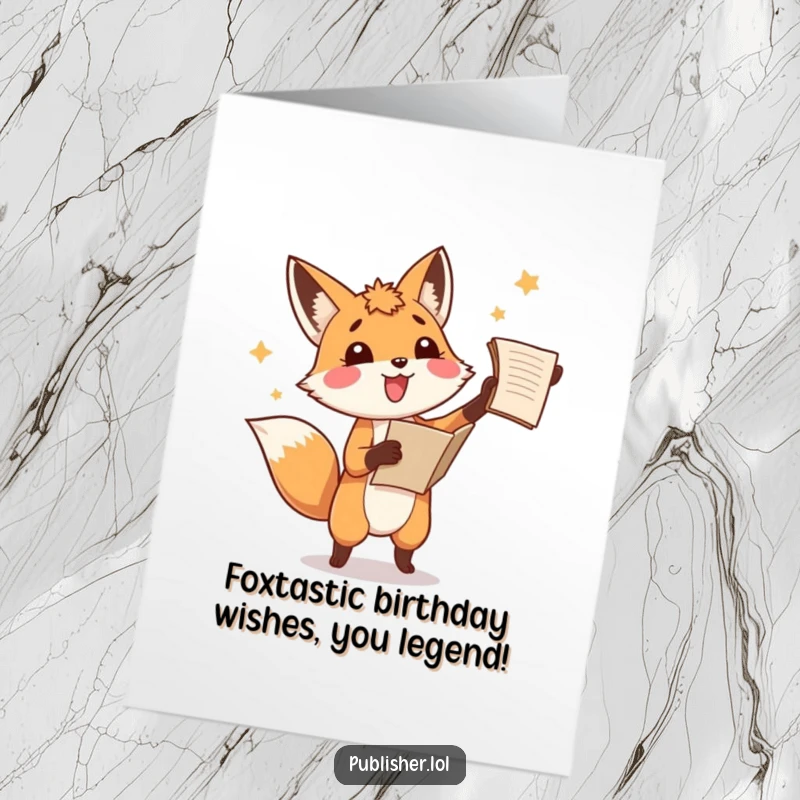 Funny Free Printable birthday card: A playful fox joyfully tosses a manuscript in the air, celebrating with a hilarious flourish.