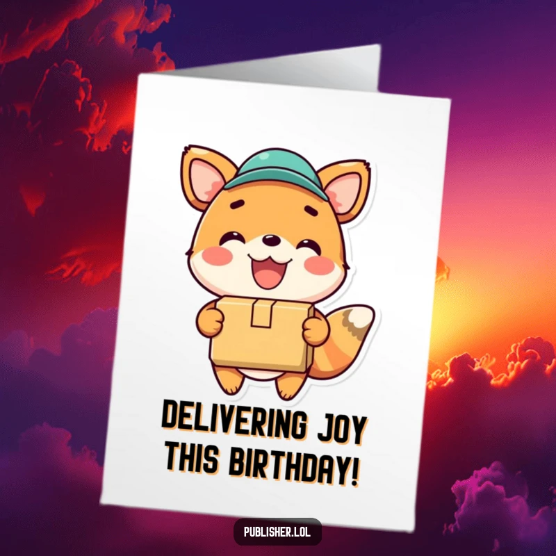 Funny Free Printable Birthday Card: Happy animal gleefully delivering a package with a wide smile, bringing birthday cheer and gifts.