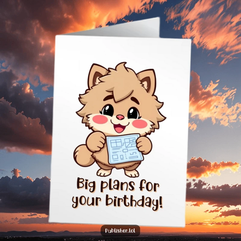 Funny Free Printable Birthday Card: A grinning furry character enthusiastically pointing at a blueprint. Hilarious celebratory design.
